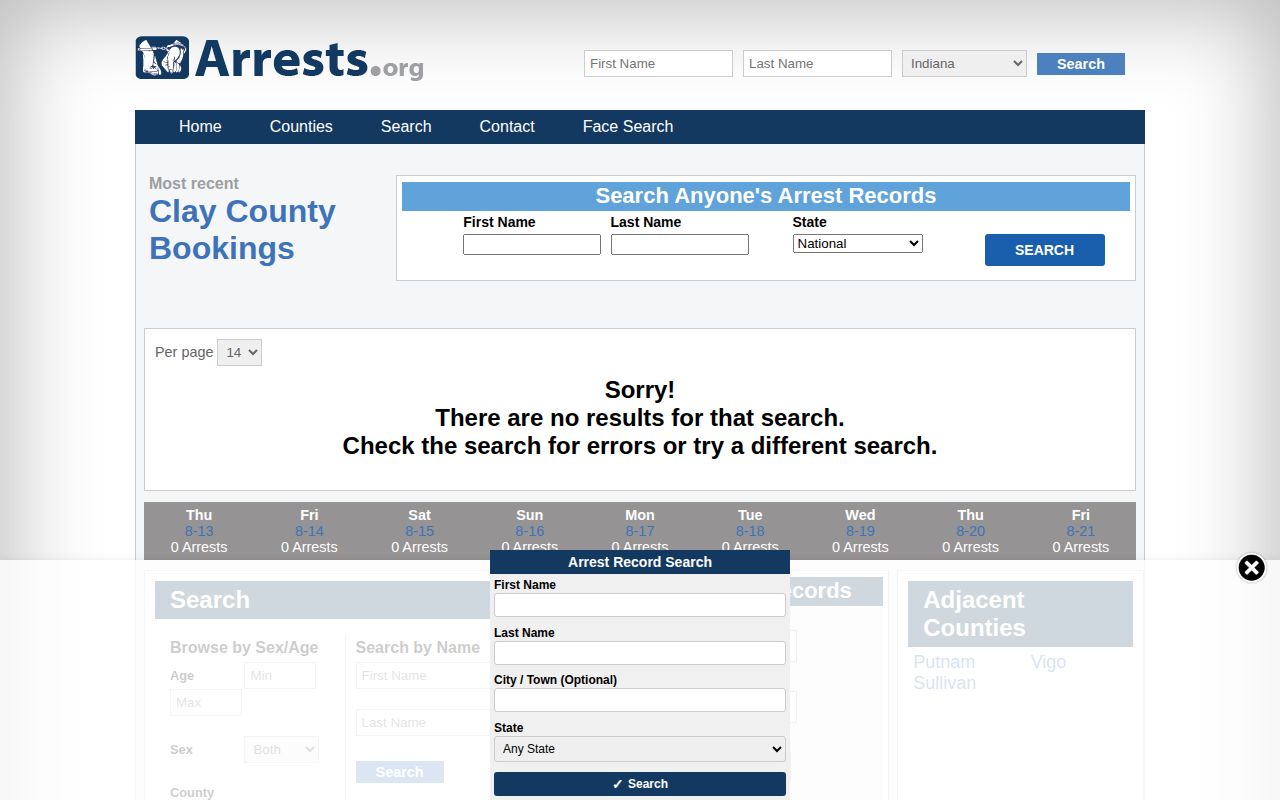 Arrests.org unofficial Clay County booking filter coverage gap