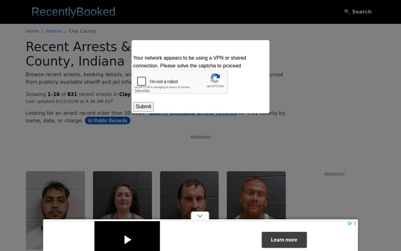 Clay County unofficial recent booking feed interface
