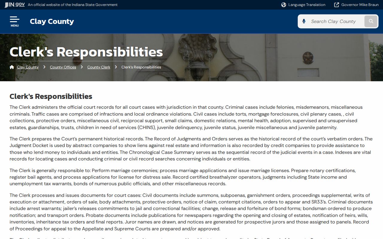 Clay County Clerk warrant and court record responsibilities